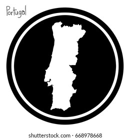 vector illustration white map of Portugal on black circle, isolated on white background