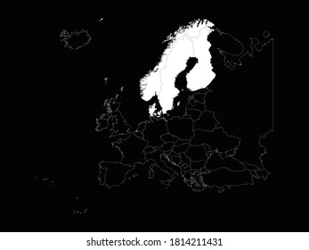 vector illustration of White map of Scandinavian countries on Europe map on black background