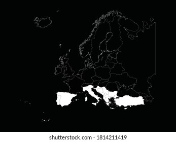 Vektorgrafik der Weißen Karte der südeuropäischen Länder auf Europa auf schwarzem Hintergrund