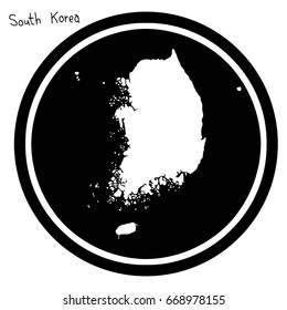 vector illustration white map of South Korea on black circle, isolated on white background