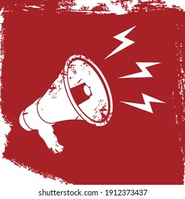 Vector illustration of a white megaphone on a red background in grunge style