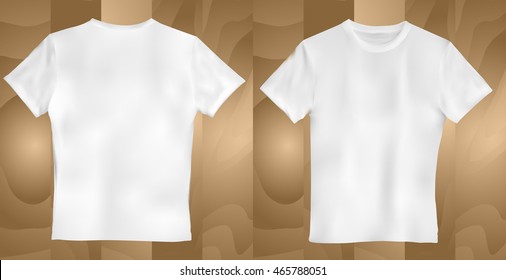 Vector illustration of white men T-shirt on wooden background.