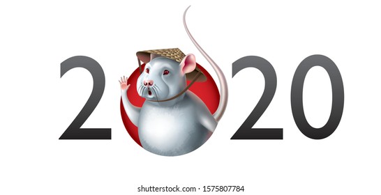 Vector illustration of White Metal Rat- Symbol of the 2020 year. 2020 typography logo consist of realistic picture of white rat in chinese hat, red circle on the background and digits. Editable EPS 10