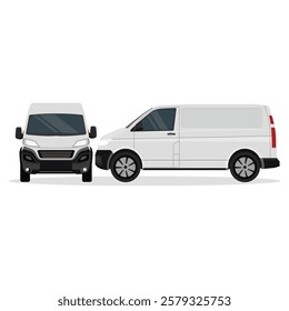 Vector illustration of white mini van. Land vehicle transportation of van with side view and front view. Business vehicle for delivery