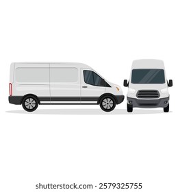 Vector illustration of white mini van. Land vehicle transportation of van with side view and front view. Business vehicle for delivery