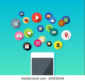 Vector illustration with white mobile phone and communication, social and entertainment apps icons on blue-green background