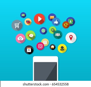 Vector illustration with white mobile phone and communication, social and entertainment apps icons on blue background