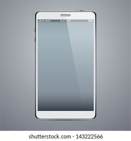 Ilustración vectorial de un smartphone blanco moderno y realista con pantalla negra vacía. Eps10.