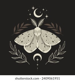 Vector illustration of white moon moth. For print for T-shirts and bags, decor element. Mystical and magical, astrology illustration