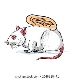 Vector illustration of white mouse with a human ear grafted in its body. It refers to ethical and moral  issues about animal testing in laboratories.