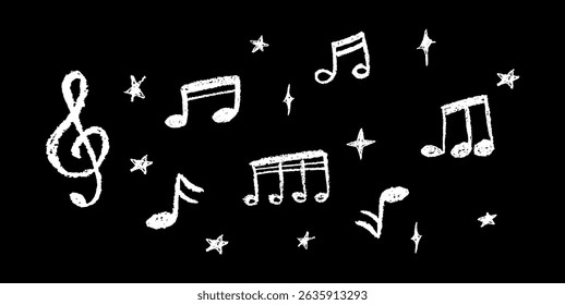 Vector illustration of white music notes and stars in charcoal scribble style. Cute childish music school pastel or wax pencil signs. Handwritten pop elements on black for kindergarten designs.