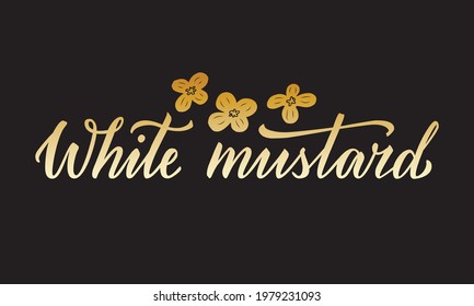 Vector Illustration Of White Mustard Lettering For Packages, Product Design, Banners, Stickers, Spice Shop Price List And Decoration. Handwritten Phrase With Floral Graphic Elements For Web Or Print
