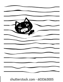 Vector illustration of white notebook page with lines and design cat