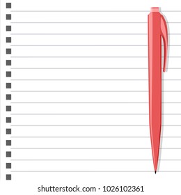 Vector illustration of white notepad with pink pen and place for text. Stationery background.