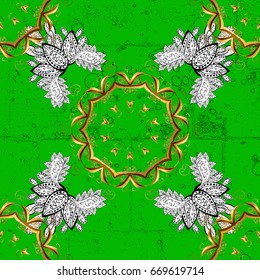 Vector illustration. White on green and white background. Good for greeting card for birthday, invitation or banner. Pattern medieval floral royal pattern. Decorative symmetry arabesque.