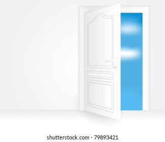 Vector illustration of a white open door in an empty room