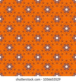 Vector illustration. White, orange and brown ethnic geometric motif seamless pattern on colorful abstract background.