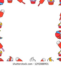 Vector illustration. Illustration in white, orange and red colors. Doodle frame. Seamless pattern.