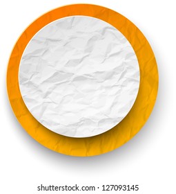 Ilustración vectorial de la nota redonda de papel arrugado blanco y naranja. Eps10.