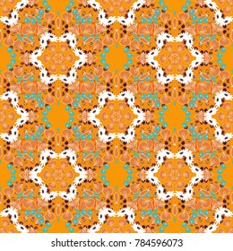 Vector illustration. Vector white, orange and yellow simple mandala optical illusion, psychedelic trippy abstract seamless pattern texture.