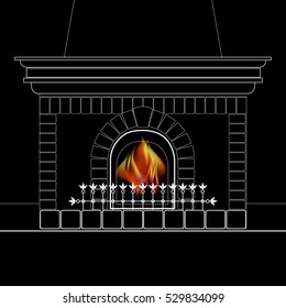 Vector illustration with a white outline of the fireplace and flame isolated on black background.