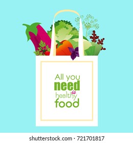 Vector illustration of white package with text on it and fresh healthy produce. Organic products from the farm. Vegetables,fruits, salads and green in eco bag. All you need is healphy food.