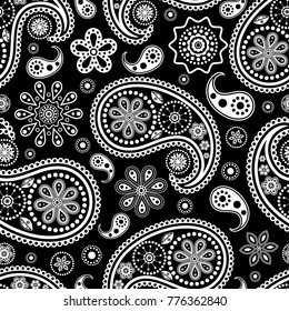 Vector illustration with white paisley on black background.