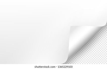 Vector illustration of the white paper blank page with curled corner and shadow on transparent background for advertising and promotional message . Idea for your design and business.
