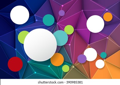 Vector Illustration White Paper Circle Label On Abstract 3D Geometric, Polygonal, Triangle Pattern Shape And Multicolored,blue, Purple, Yellow And Green Background