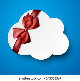 Vector illustration of white paper cloud bubble with red gift bow. 