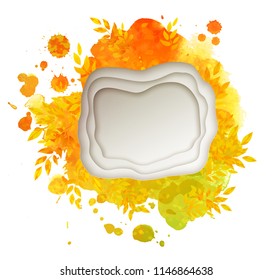 Vector illustration of white paper cut banner with layered effect on autumn foliage background watercolor stain with leaves and paint splashes.