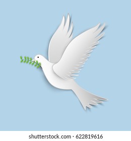 vector illustration of white paper cutout dove with a green twig olive on blue sky.