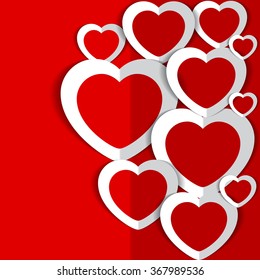 Vector illustration white paper hearts on a red background for Valentine's Day.