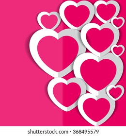 Vector illustration white paper hearts on pink background for Valentine's Day.