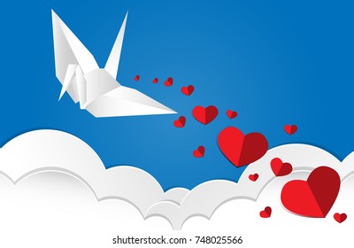 Vector illustration of white paper hearts falling from paper origami bird in blue color on blue sky and white clouds background. Concept of love and valentine day, paper art style.