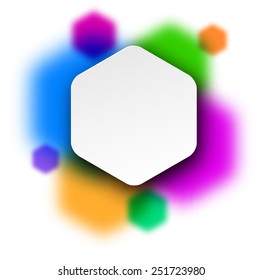 Vector illustration of white paper hexagonal speech bubble over blurred background. Eps10.