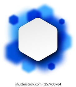 Vector illustration of white paper hexagonal speech bubble over blue blurred background. Eps10.
