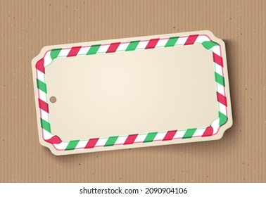 Vector illustration of a white paper label on vintage cardboard background. Vector white Christmas label banner on old cardboard for Holidays.