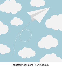 Vector illustration of white paper plane and clouds on pastel blue background
