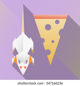 Vector illustration of a white paper rat with red eyes and piece of cheese. 
