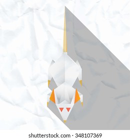 Vector illustration of a white paper rat with red eyes. Creased paper. Paper background.