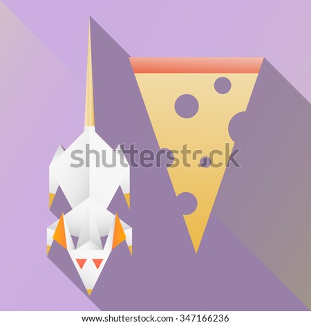 Vector illustration of a white paper rat with red eyes and piece of cheese. 
