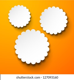 Vector illustration of white paper round flower notes over orange background. Eps10.