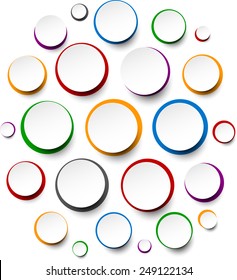 Vector illustration of white paper round bubbles over colorful circles. Eps10.  