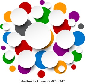 Vector illustration of white paper round bubbles over colorful circles. Eps10.  