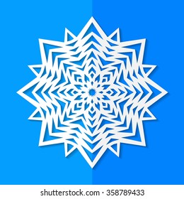 Vector illustration of white paper snowflake on blue background.
