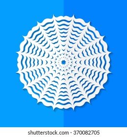 Vector illustration of white paper snowflake on blue background.