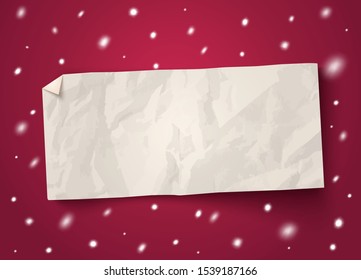 Vector illustration of a white paper texture with snowflakes on vintage red background. Vector paper banner with snow.
