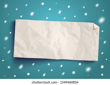Vector illustration of a white paper texture with snowflakes on vintage blue background. Vector paper banner with snow.