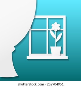 Vector illustration of an white paper window and curtain with shadow